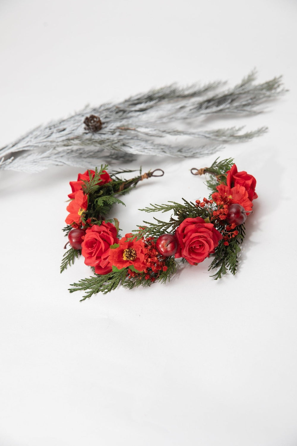 Red Rose Christmas Wreath: Winter Wedding Bridal Headpiece – handmade floral hair accessory by magaela