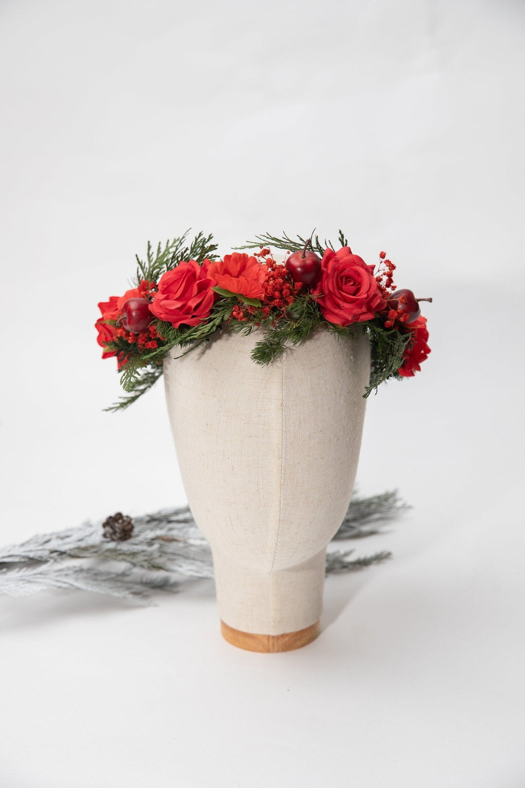 Red Rose Christmas Wreath: Winter Wedding Bridal Headpiece – handmade floral hair accessory by magaela