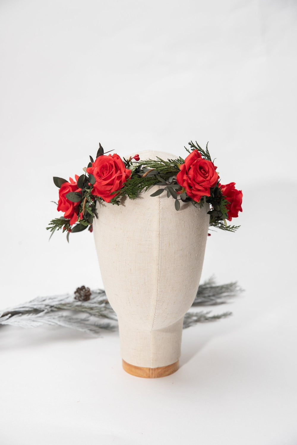 Red Rose Half Wreath: Christmas Wedding Flower Crown – handmade floral hair accessory by magaela