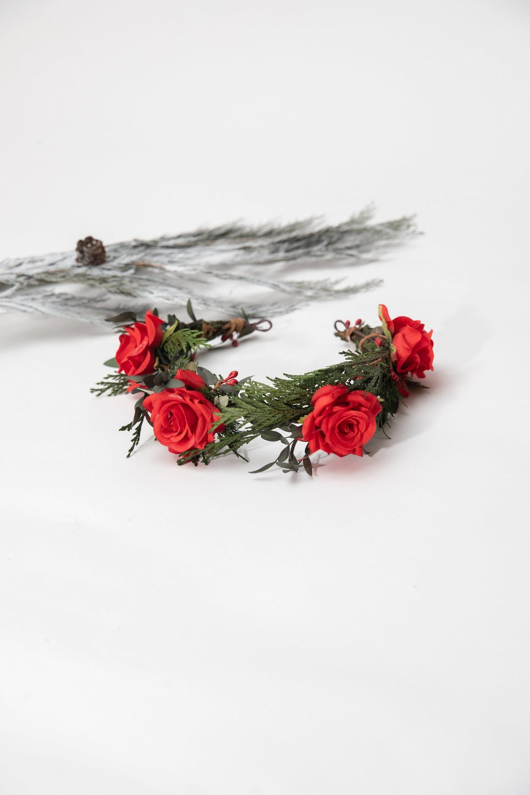 Red Rose Half Wreath: Christmas Wedding Flower Crown – handmade floral hair accessory by magaela