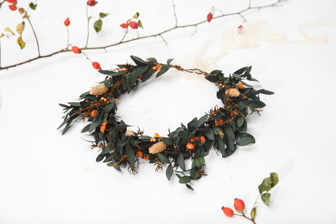 Autumn Flower Hair Wreath: Burnt Orange Boho Wedding Headpiece – handmade floral hair accessory by magaela