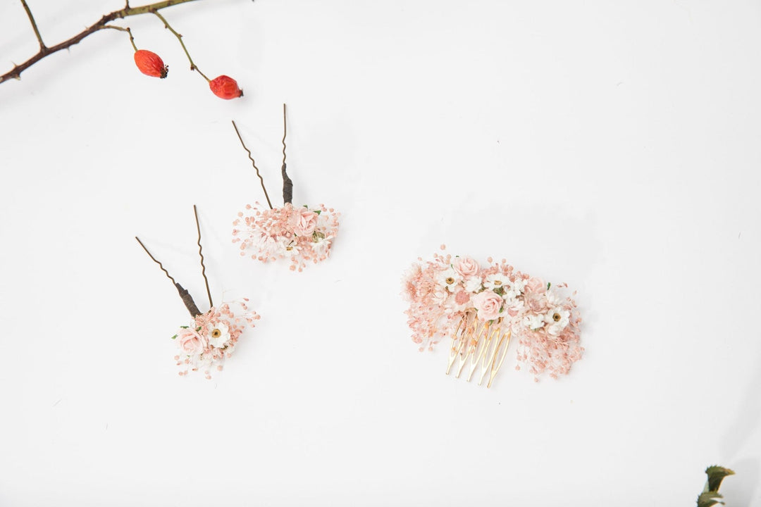 Blush Wedding Hair Comb & Pins: Romantic Dried Flower Accessories – handmade floral hair accessory by magaela