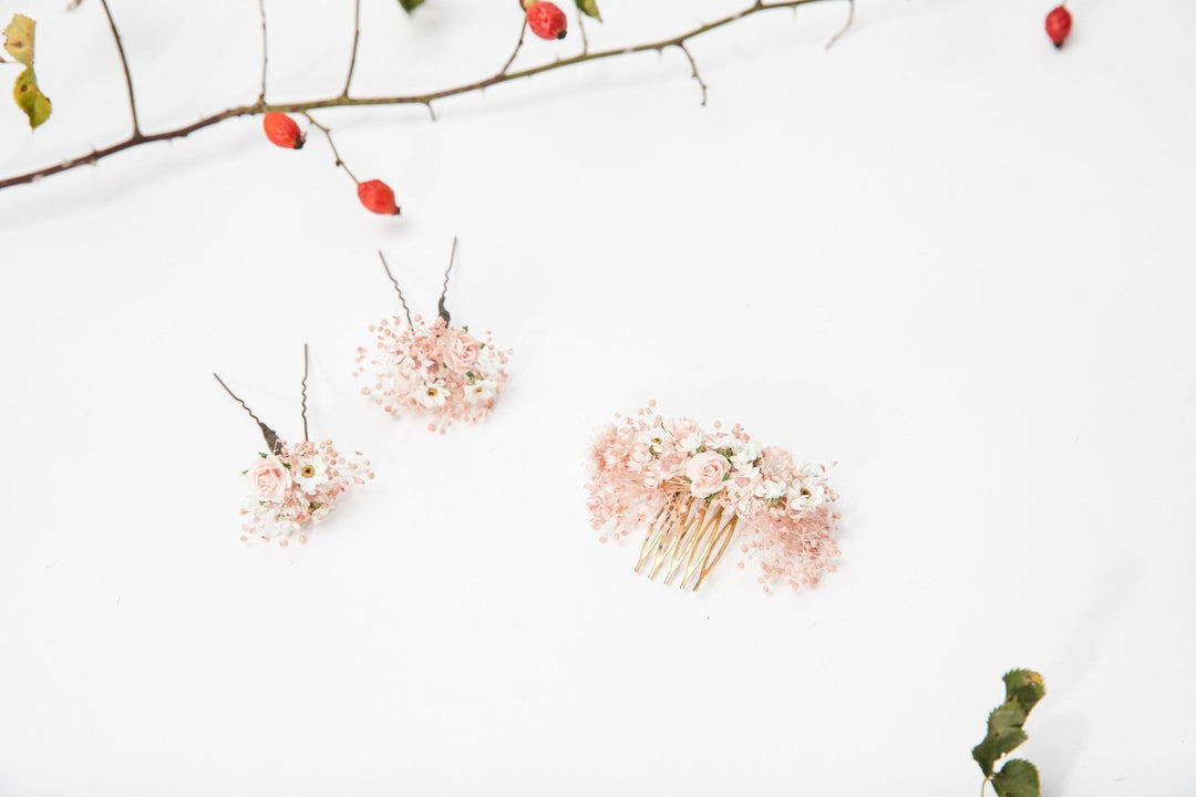 Blush Wedding Hair Comb & Pins: Romantic Dried Flower Accessories – handmade floral hair accessory by magaela