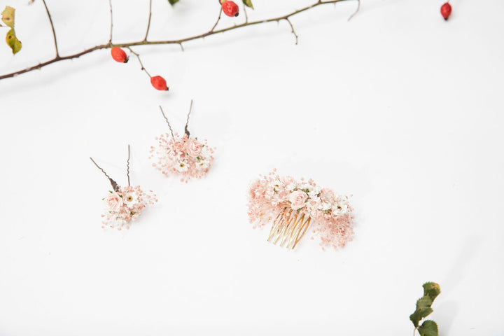Blush Wedding Hair Comb & Pins: Romantic Dried Flower Accessories – handmade floral hair accessory by magaela