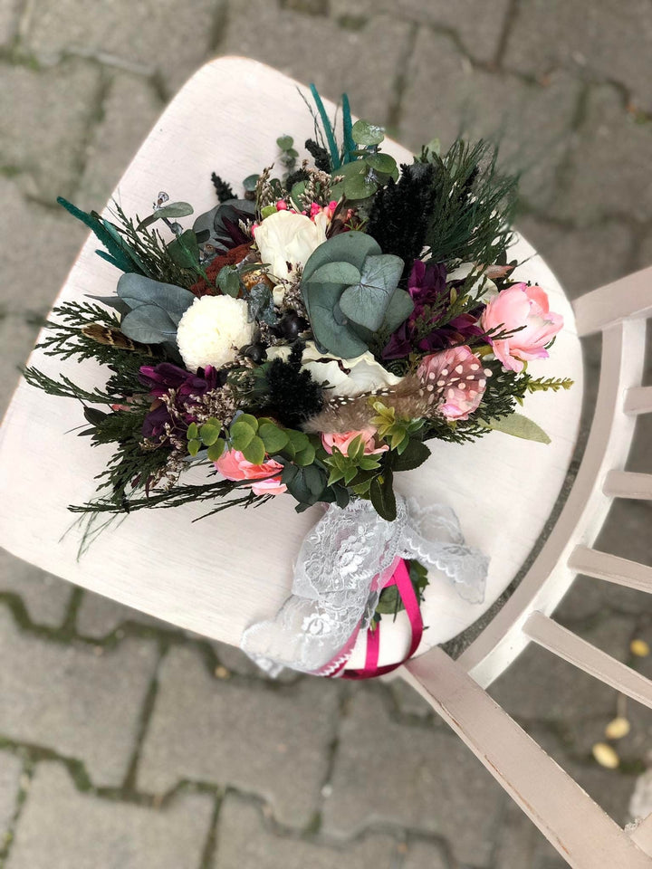 Burgundy Wedding Bouquet: Boho Teal Plum Artificial Bridal Flowers – handmade floral hair accessory by magaela