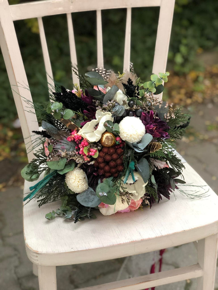 Burgundy Wedding Bouquet: Boho Teal Plum Artificial Bridal Flowers – handmade floral hair accessory by magaela