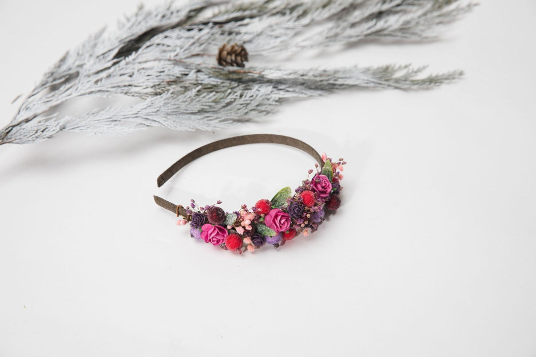 Winter Flower Headband: Pine Cones, Pink Roses, Woodland Headpiece – handmade floral hair accessory by magaela