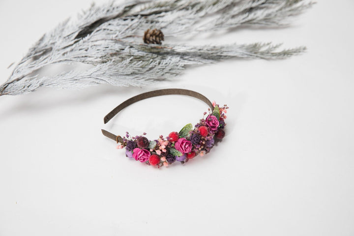 Winter Flower Headband: Pine Cones, Pink Roses, Woodland Headpiece – handmade floral hair accessory by magaela