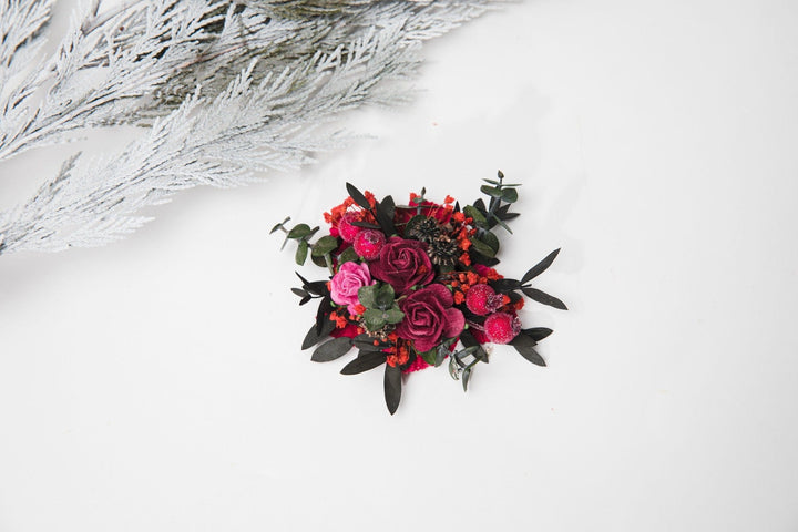 Pink Rose Brooch: Frozen Berry Wedding Corsage, Handmade – handmade floral hair accessory by magaela