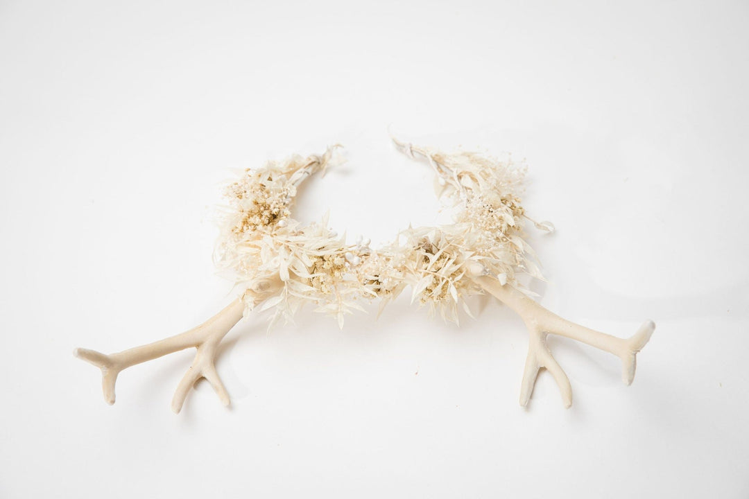 Beige Flower Crown with Antlers: Halloween Bridal Headpiece – handmade floral hair accessory by magaela