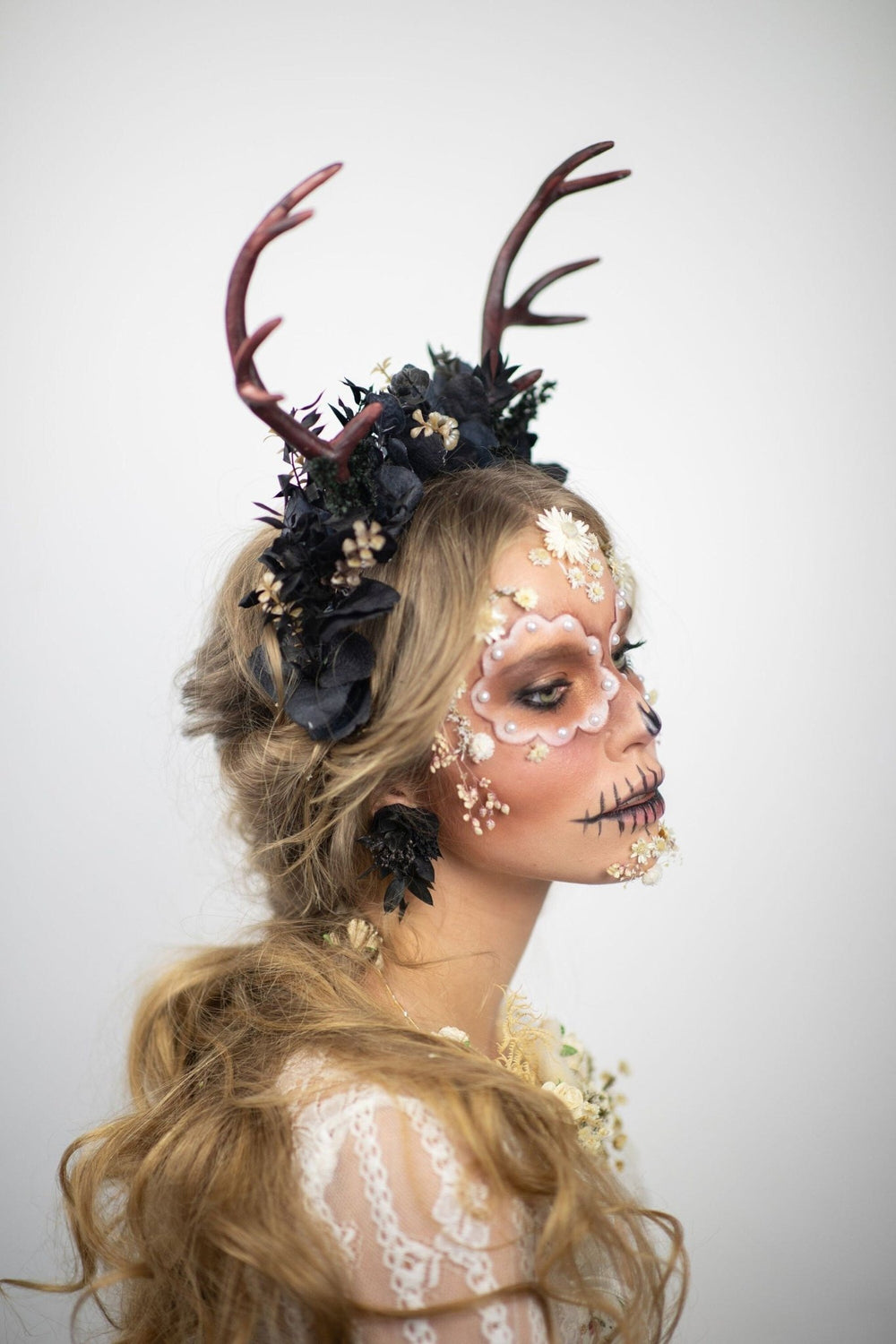 Black Flower Crown with Antlers: Halloween Headband – handmade floral hair accessory by magaela