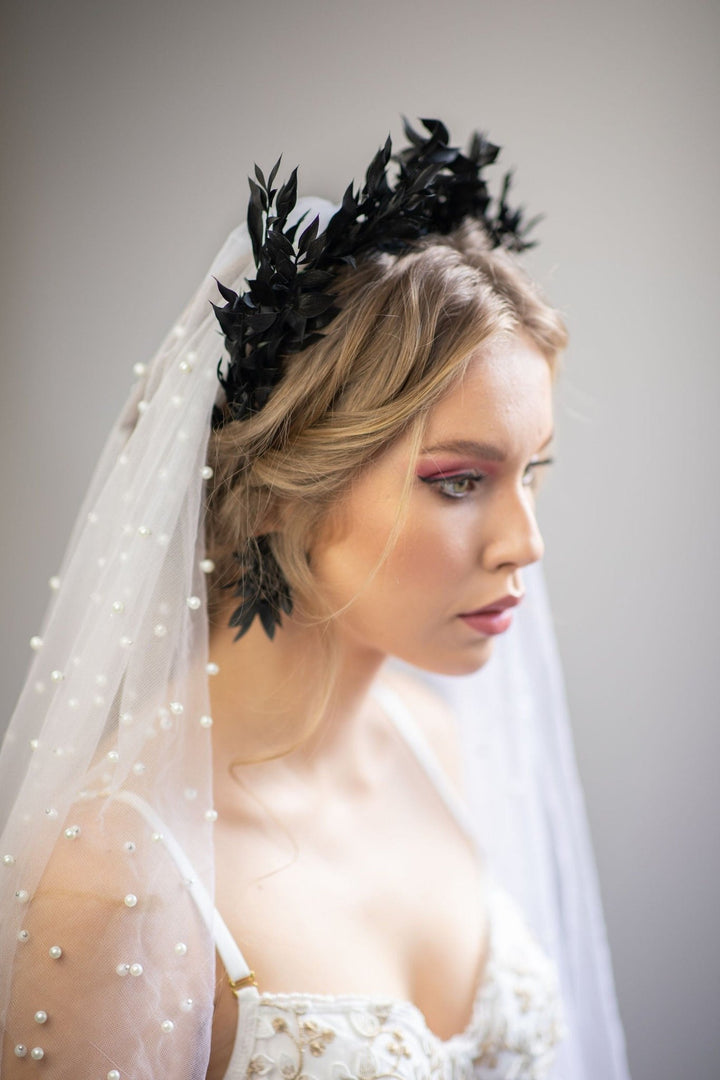 Black Flower Crown: Gothic Wedding Headband with Ruscus Leaves – handmade floral hair accessory by magaela