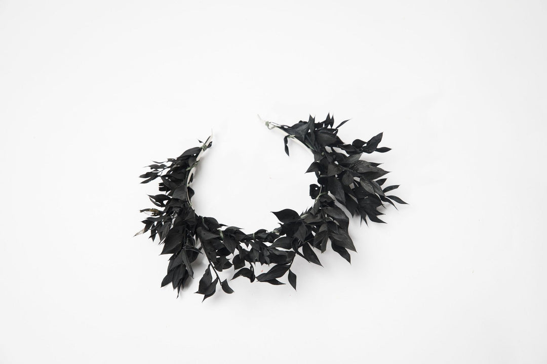 Black Flower Crown: Gothic Wedding Headband with Ruscus Leaves – handmade floral hair accessory by magaela