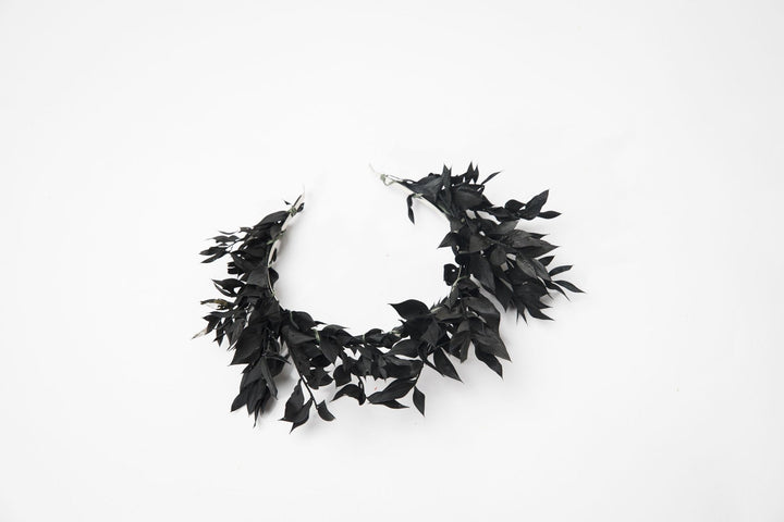 Black Flower Crown: Gothic Wedding Headband with Ruscus Leaves – handmade floral hair accessory by magaela