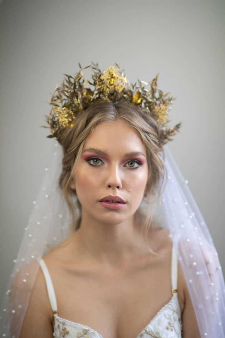 Golden Flower Bridal Crown: Crystal Wedding Tiara – handmade floral hair accessory by magaela