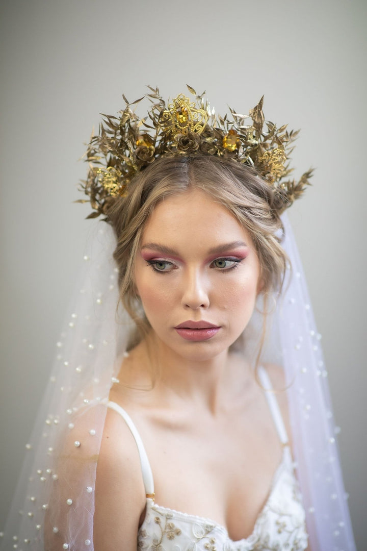 Golden Flower Bridal Crown: Crystal Wedding Tiara – handmade floral hair accessory by magaela