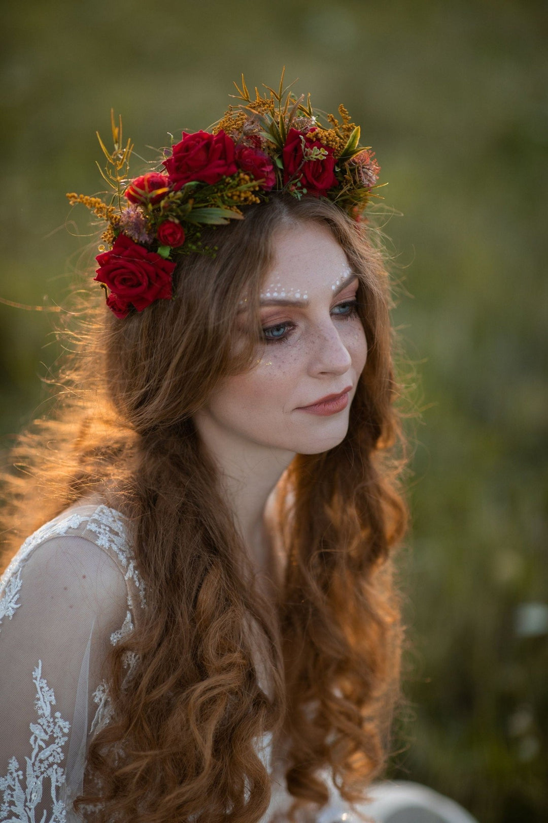 Red Burgundy Wedding Half Wreath: Boho Bridal Flower Crown – handmade floral hair accessory by magaela