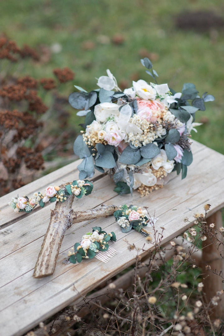 Eucalyptus Peony Half Wreath: Pastel Wedding Crown, Bridal Accessory – handmade floral hair accessory by magaela