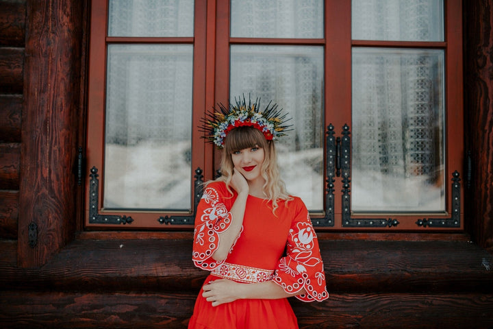 Floral Wedding Crown: Two - Sided Slavic Flower Halo Headpiece – handmade floral hair accessory by magaela