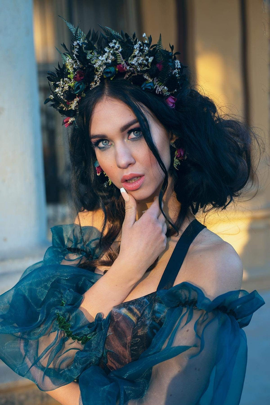 Dark Flower Crown Headband with Earrings: Gothic Bridal Tiara – handmade floral hair accessory by magaela