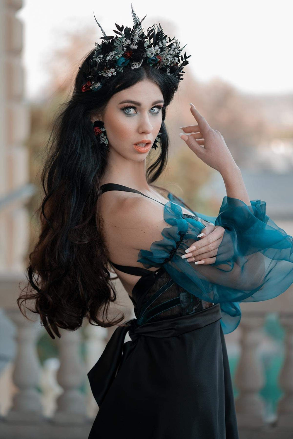 Dark Flower Crown Headband with Earrings: Gothic Bridal Tiara – handmade floral hair accessory by magaela