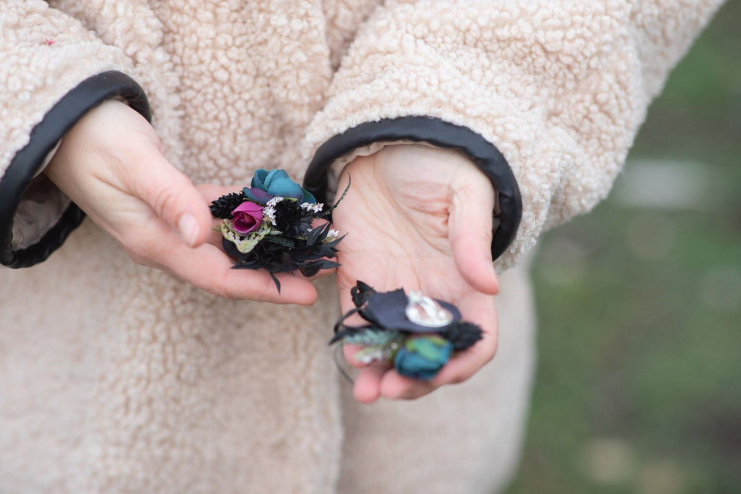 Dark Flower Crown Headband with Earrings: Gothic Bridal Tiara – handmade floral hair accessory by magaela
