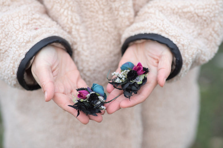 Dark Flower Crown Headband with Earrings: Gothic Bridal Tiara – handmade floral hair accessory by magaela