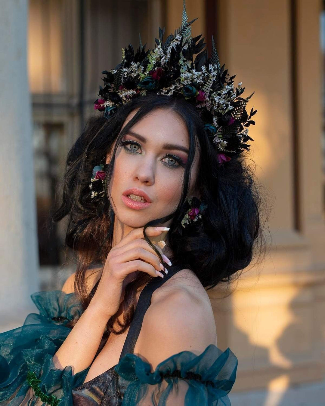 Dark Flower Crown Headband with Earrings: Gothic Bridal Tiara – handmade floral hair accessory by magaela