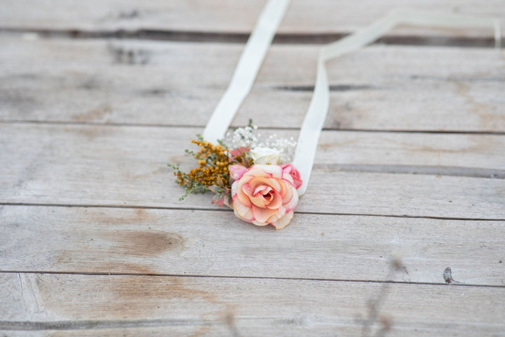 Peach Flower Bridesmaid Bracelet: Coral Wedding Wrist Corsage – handmade floral hair accessory by magaela