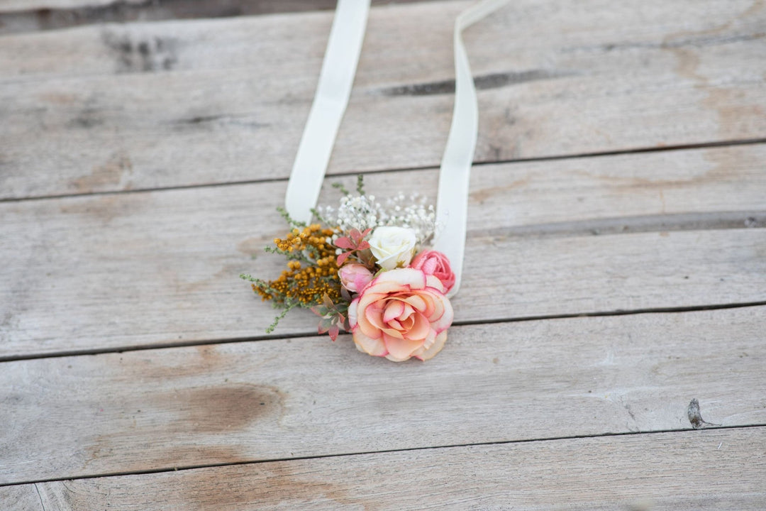 Peach Flower Bridesmaid Bracelet: Coral Wedding Wrist Corsage – handmade floral hair accessory by magaela