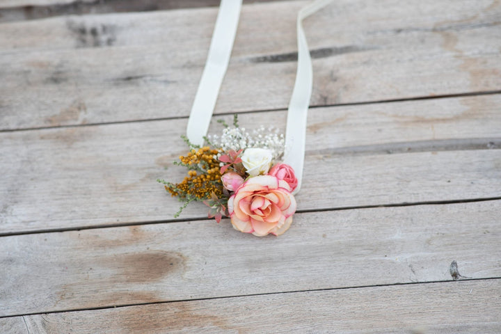 Peach Flower Bridesmaid Bracelet: Coral Wedding Wrist Corsage – handmade floral hair accessory by magaela