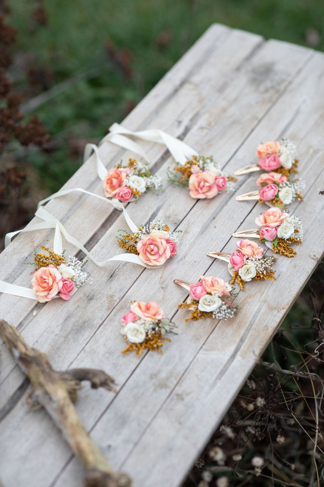 Peach Flower Bridesmaid Bracelet: Coral Wedding Wrist Corsage – handmade floral hair accessory by magaela