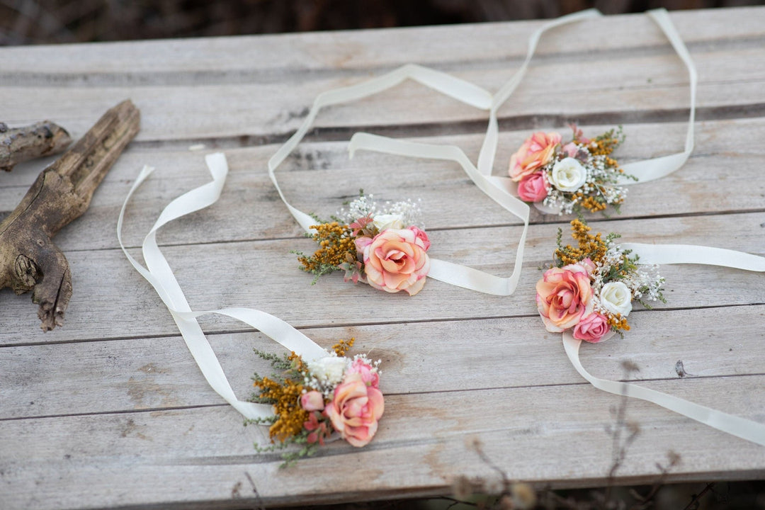Peach Flower Bridesmaid Bracelet: Coral Wedding Wrist Corsage – handmade floral hair accessory by magaela