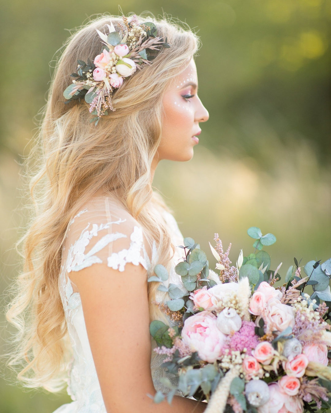 Pastel Peach Wedding Bouquet: Blush Rose, Eucalyptus, Boho Bridal Flowers – handmade floral hair accessory by magaela