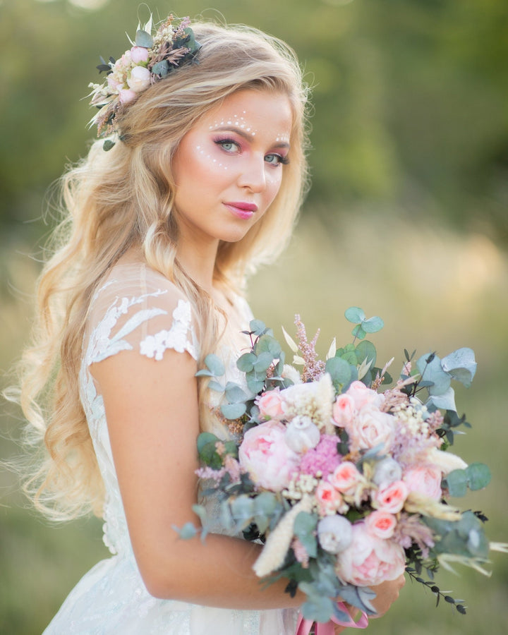Pastel Peach Wedding Bouquet: Blush Rose, Eucalyptus, Boho Bridal Flowers – handmade floral hair accessory by magaela