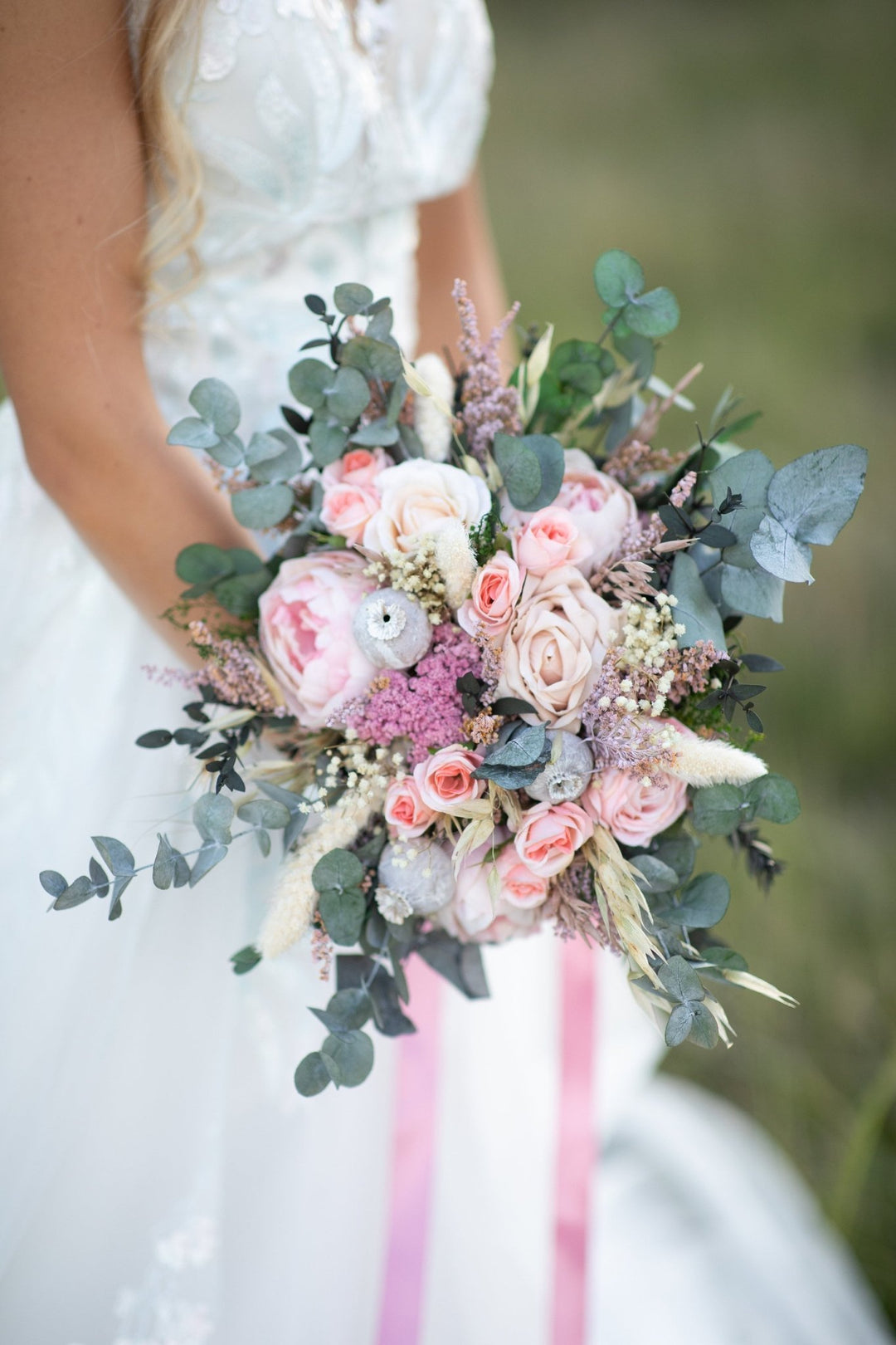 Pastel Peach Wedding Bouquet: Blush Rose, Eucalyptus, Boho Bridal Flowers – handmade floral hair accessory by magaela