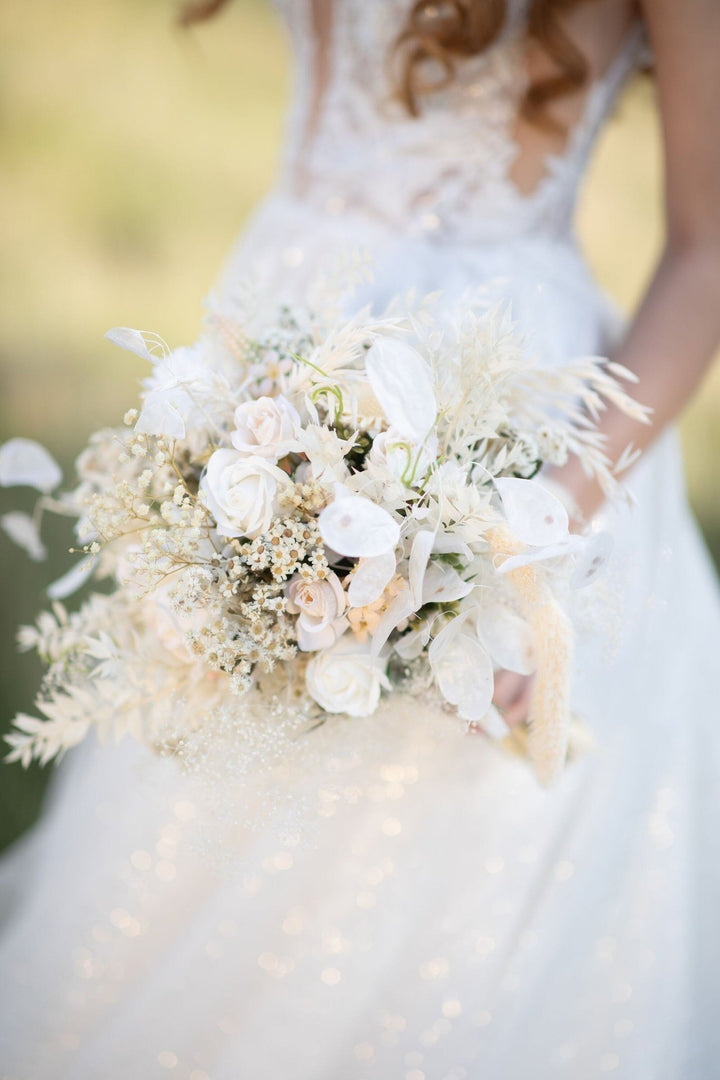 White Boho Wedding Bouquet: Preserved & Fabric Flowers – handmade floral hair accessory by magaela