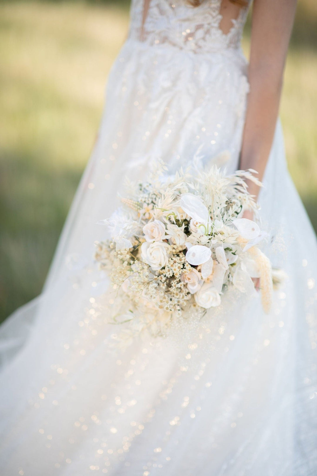 White Boho Wedding Bouquet: Preserved & Fabric Flowers – handmade floral hair accessory by magaela