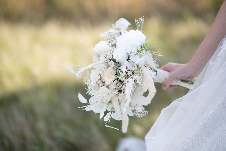 White Boho Wedding Bouquet: Preserved & Fabric Flowers – handmade floral hair accessory by magaela