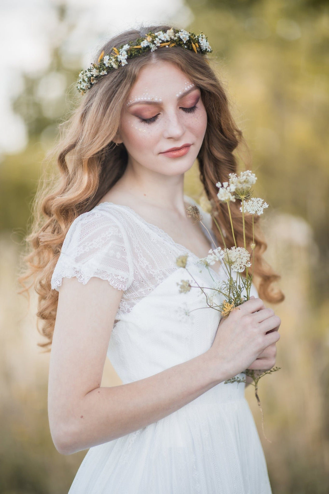 Wildflower Bridal Hair Crown: Yellow & Green Dried Flowers – handmade floral hair accessory by magaela