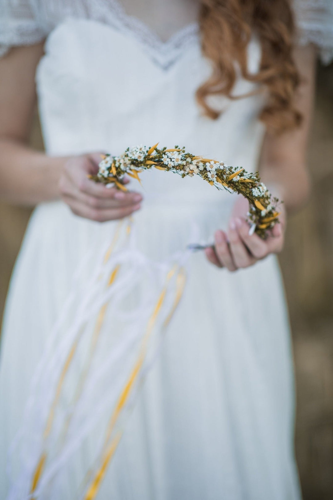 Wildflower Bridal Hair Crown: Yellow & Green Dried Flowers – handmade floral hair accessory by magaela