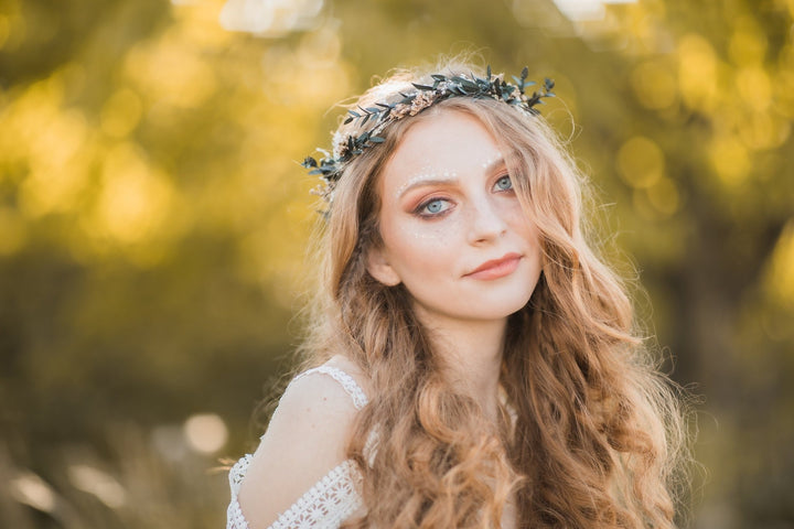 Greenery Wedding Crown: Preserved Eucalyptus Flower Headpiece – handmade floral hair accessory by magaela