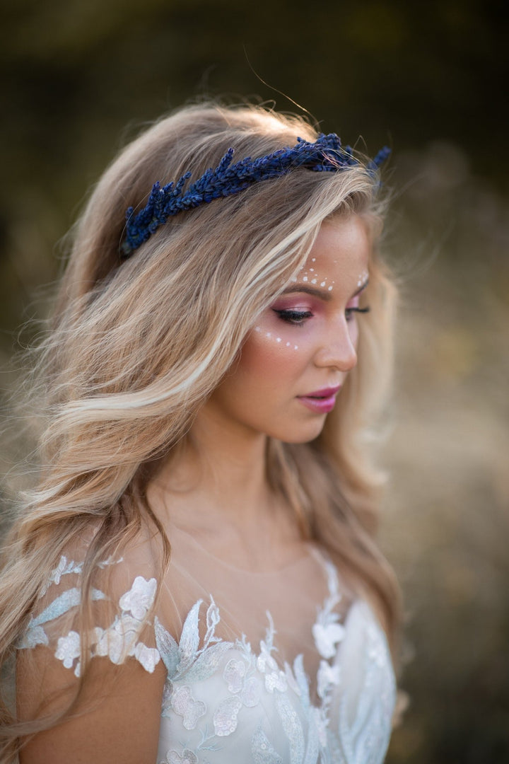Lavender Flower Crown: Wedding Bridal Headpiece, Navy Blue Preserved Wreath – handmade floral hair accessory by magaela