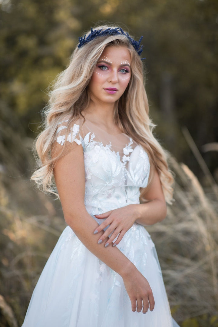 Lavender Flower Crown: Wedding Bridal Headpiece, Navy Blue Preserved Wreath – handmade floral hair accessory by magaela