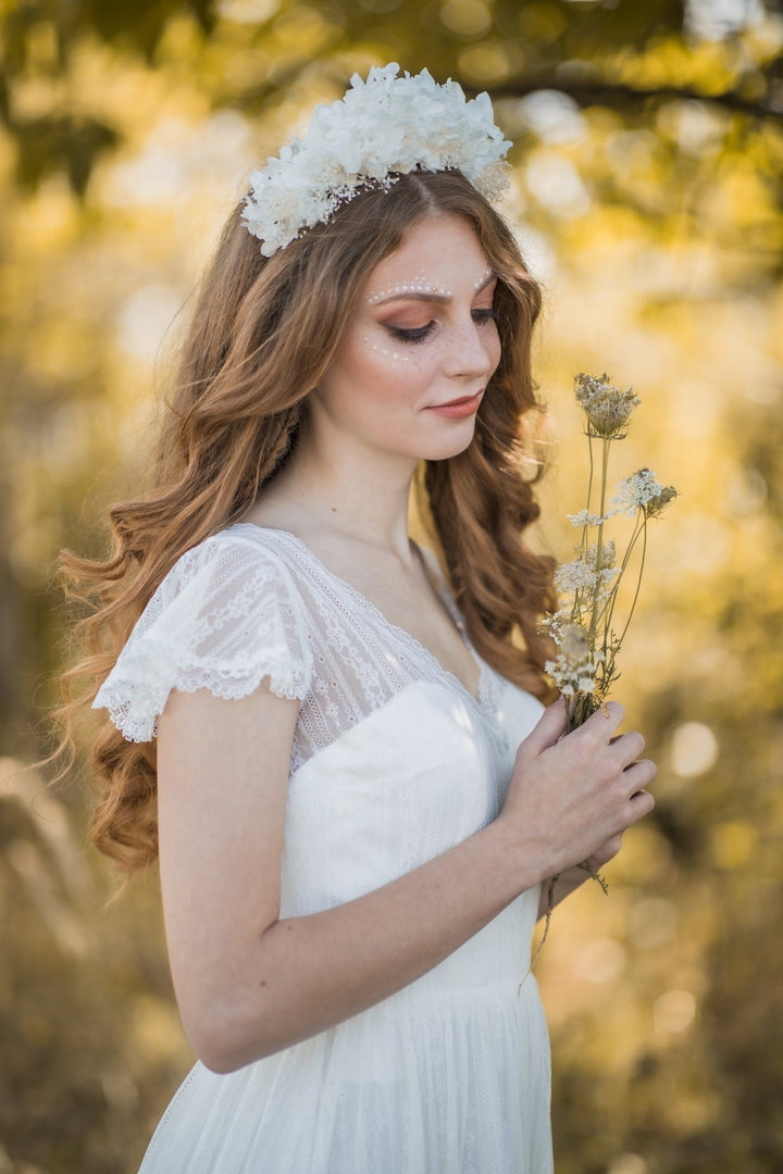Bridal Flower Crown: Off White Hydrangea & Baby's Breath Headband – handmade floral hair accessory by magaela