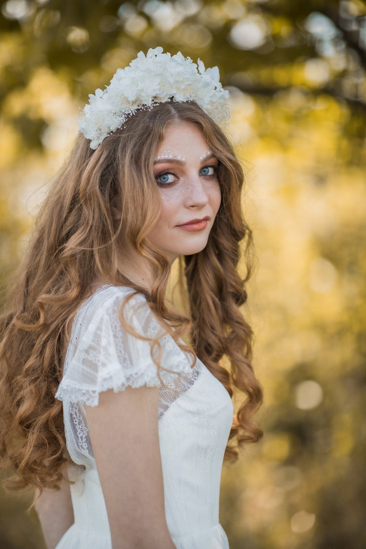 Bridal Flower Crown: Off White Hydrangea & Baby's Breath Headband – handmade floral hair accessory by magaela