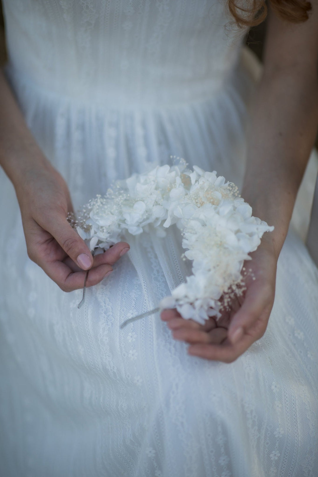 Bridal Flower Crown: Off White Hydrangea & Baby's Breath Headband – handmade floral hair accessory by magaela