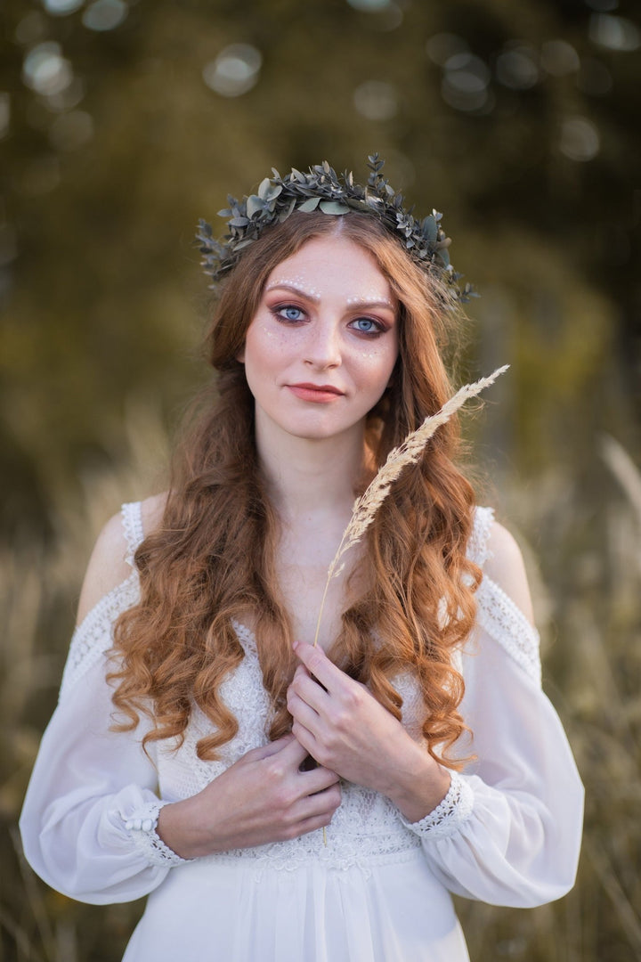 Eucalyptus Bridal Crown: Preserved Greenery Wedding Hair Wreath – handmade floral hair accessory by magaela