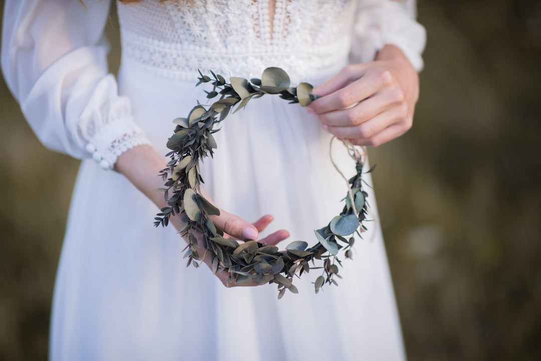 Eucalyptus Bridal Crown: Preserved Greenery Wedding Hair Wreath – handmade floral hair accessory by magaela