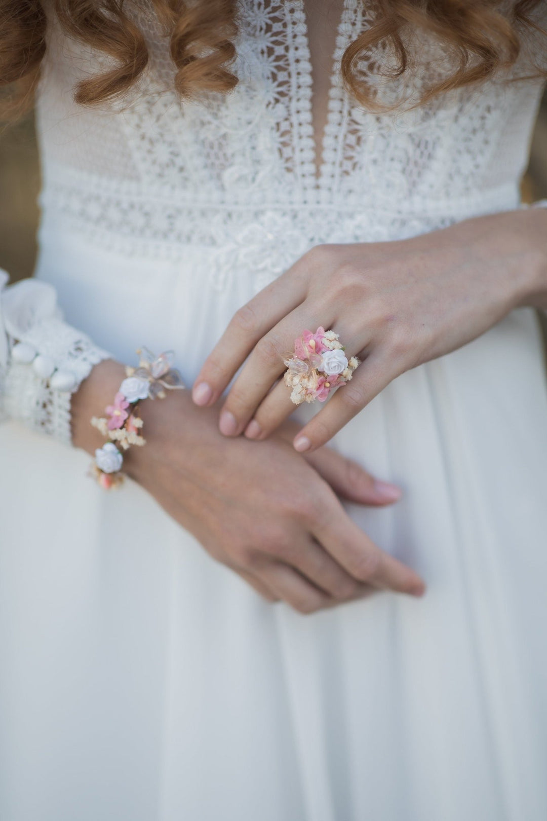 Pink Flower Wedding Bracelet and Ring Set: Bridal Corsage Jewelry – handmade floral hair accessory by magaela